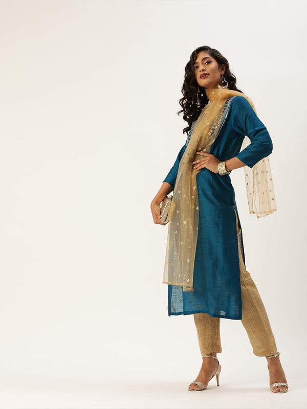 Women's Teal Blue & Beige Sequined Yoke Design Kurta With Trousers & Dupatta - Varanga