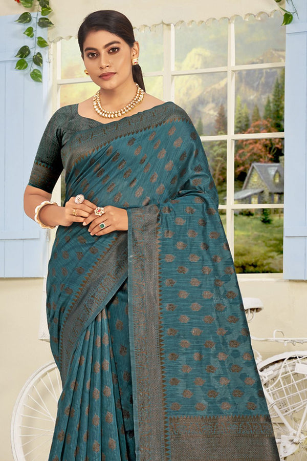 Women's Sea Green Cotton Woven Zari Work Traditional Tassle Saree - Sangam Prints