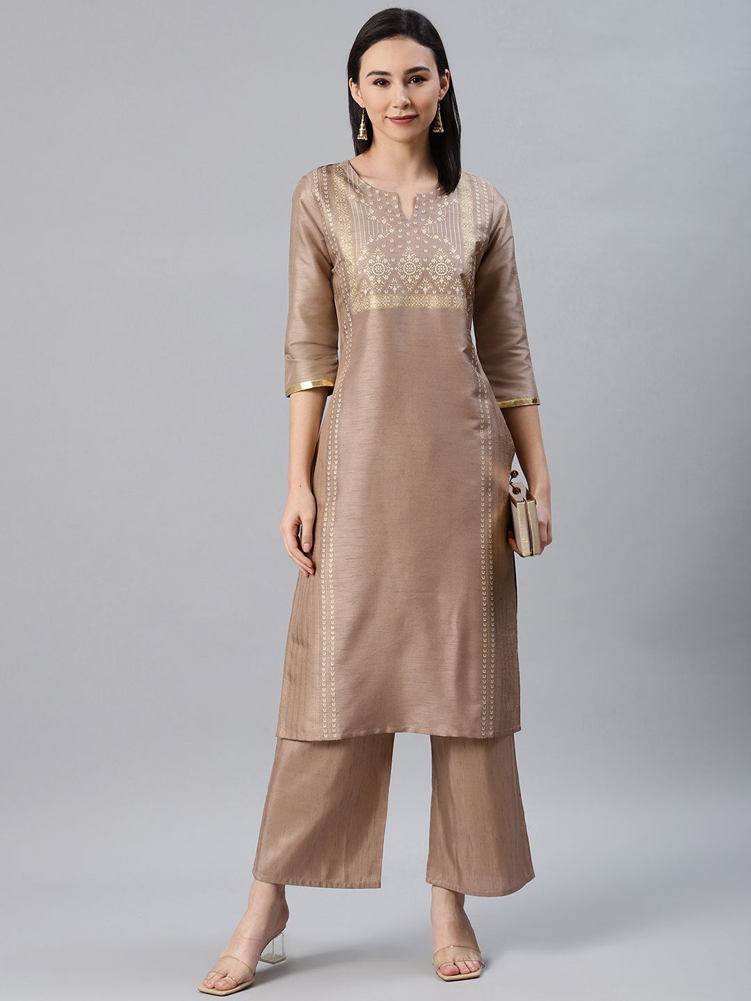 Women's Brown Color Foil Print Straight Kurta And Palazzo Set - Ziyaa