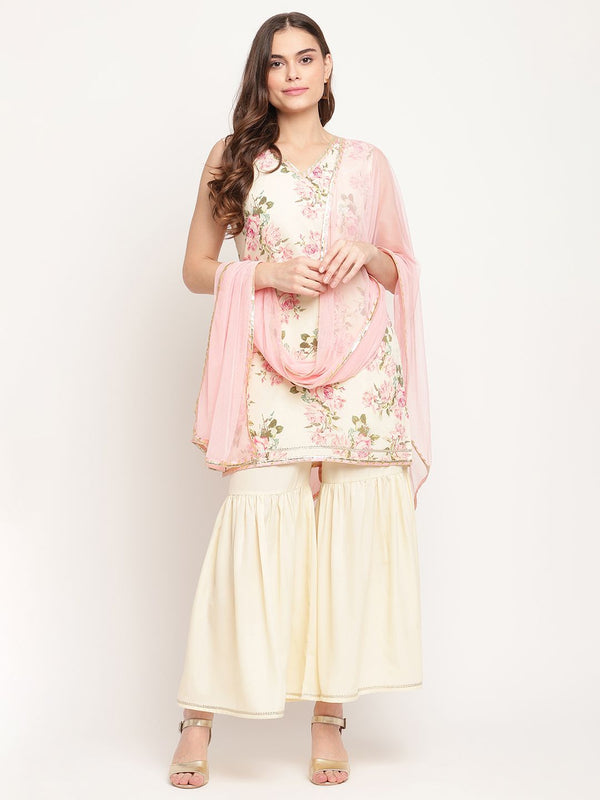 Women's Beige Digital Floral Print Sharara Set with Dupatta