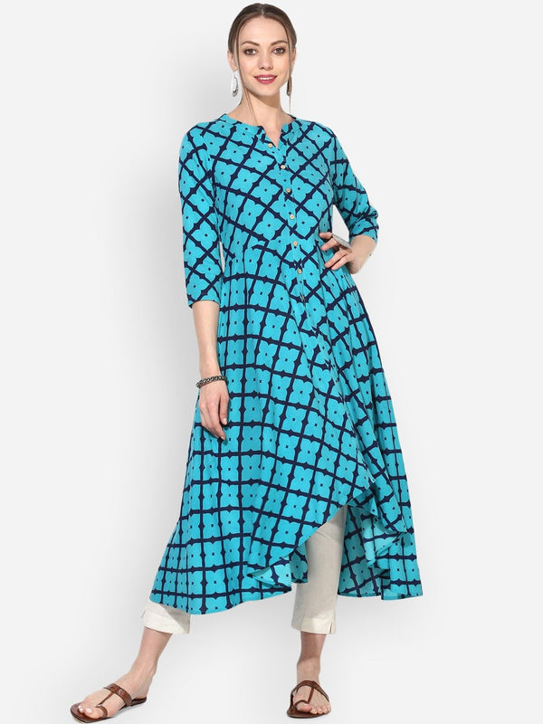 Women's Blue Rayon Printed 3/4 Sleeve Round Neck Casual Kurta Only - Myshka