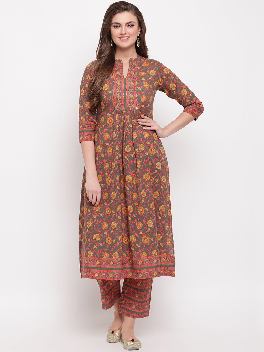 Women's Floral Print & Hand Work Flared With Side Cut Cotton Grey Kurti - Vbuyz