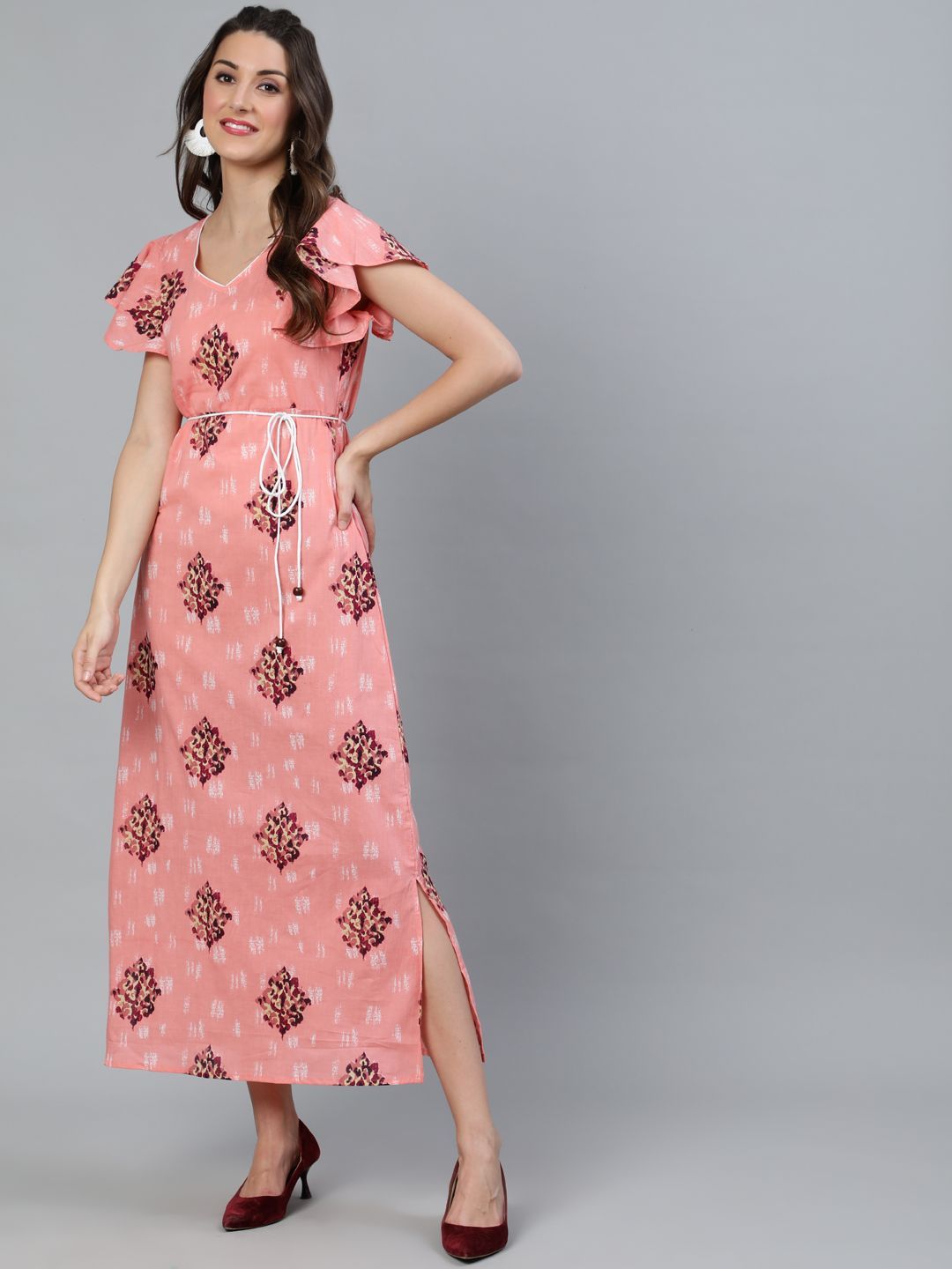 Women's Peach Floral Printed Long Dress With Ruffle Sleeve - AKS