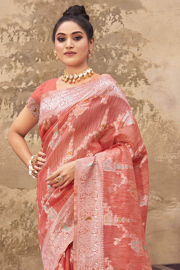 Women's Pink Cotton Silk Woven Zari Work Traditional Saree - Sangam Prints