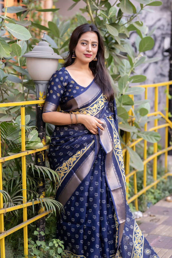 Women's Navy Blue Cotton Slub Printed Saree - A2M