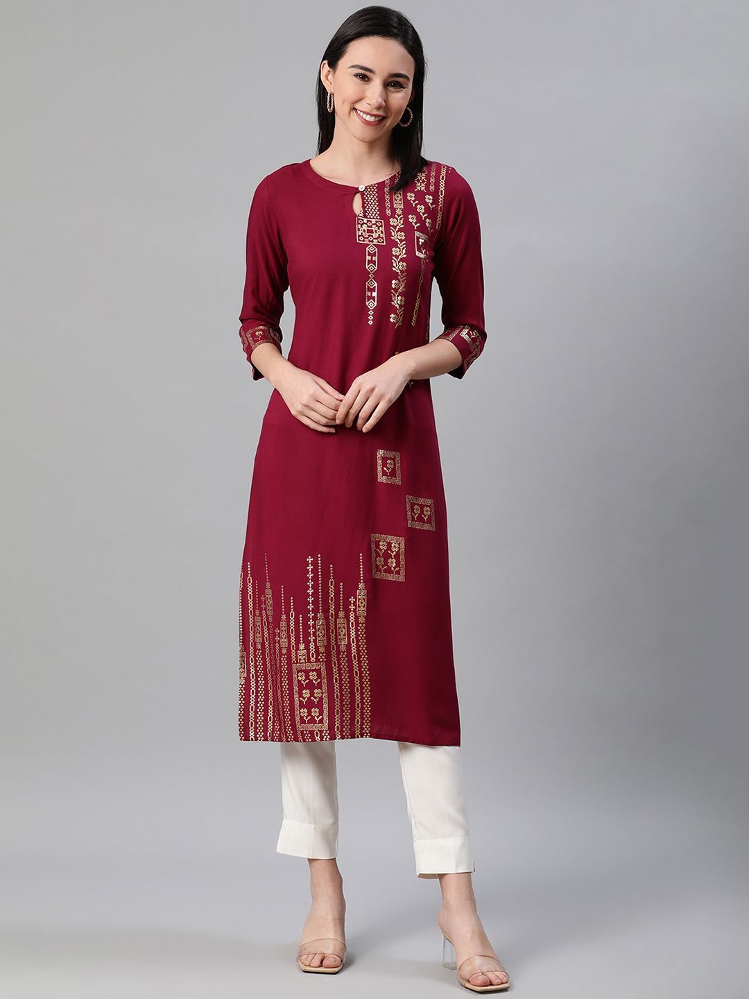 Women's Maroon Color Foil Print Straight Kurta And Pant Set - Ziyaa