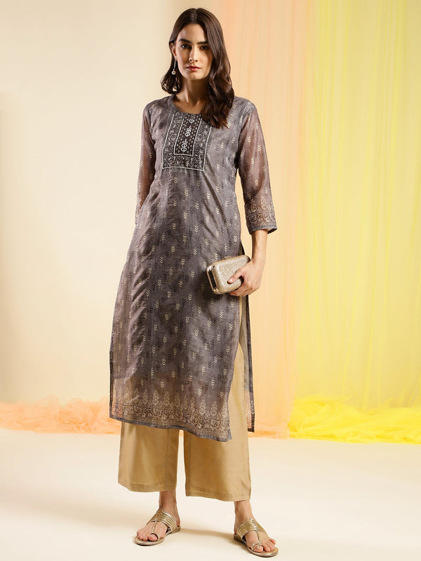 Women's Grey Chinon Digital Printed With Hand Work Kurta - Navyaa