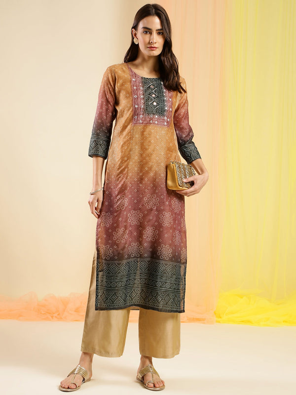 Women's Orange Chinon Digital Printed With Hand Work Kurta - Navyaa