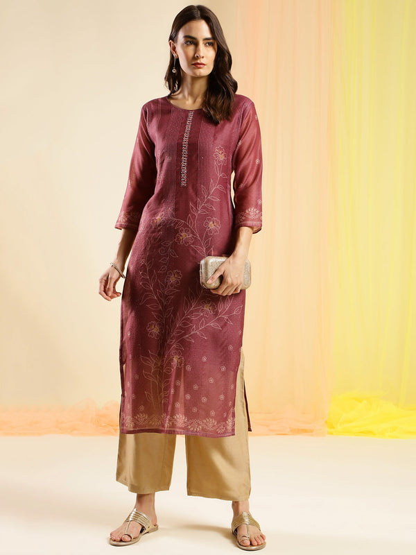 Women's Maroon Chinon Digital Printed With Hand Work Kurta - Navyaa