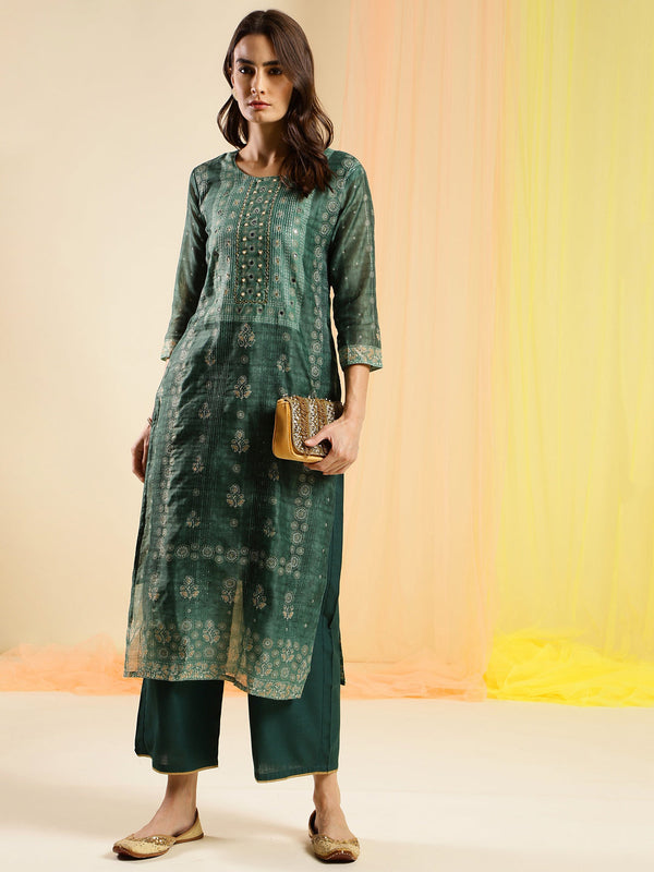 Women's Sea Green Chinon Digital Printed With Hand Work Kurta - Navyaa