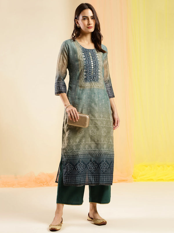 Women's Blue Chinon Digital Printed With Hand Work Kurta - Navyaa