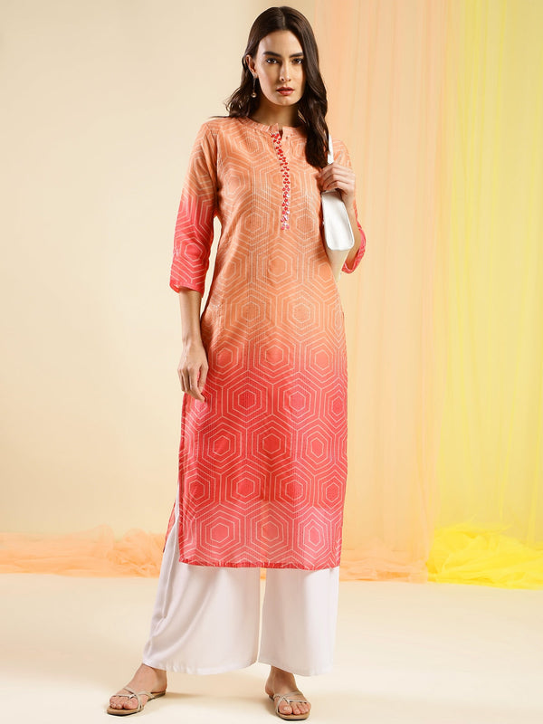 Women's Peach Chinon Digital Printed With Hand Work Kurta - Navyaa