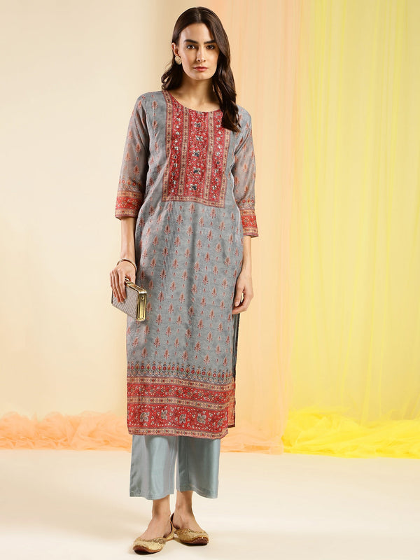 Women's Grey Chinon Digital Printed With Hand Work Kurta - Navyaa