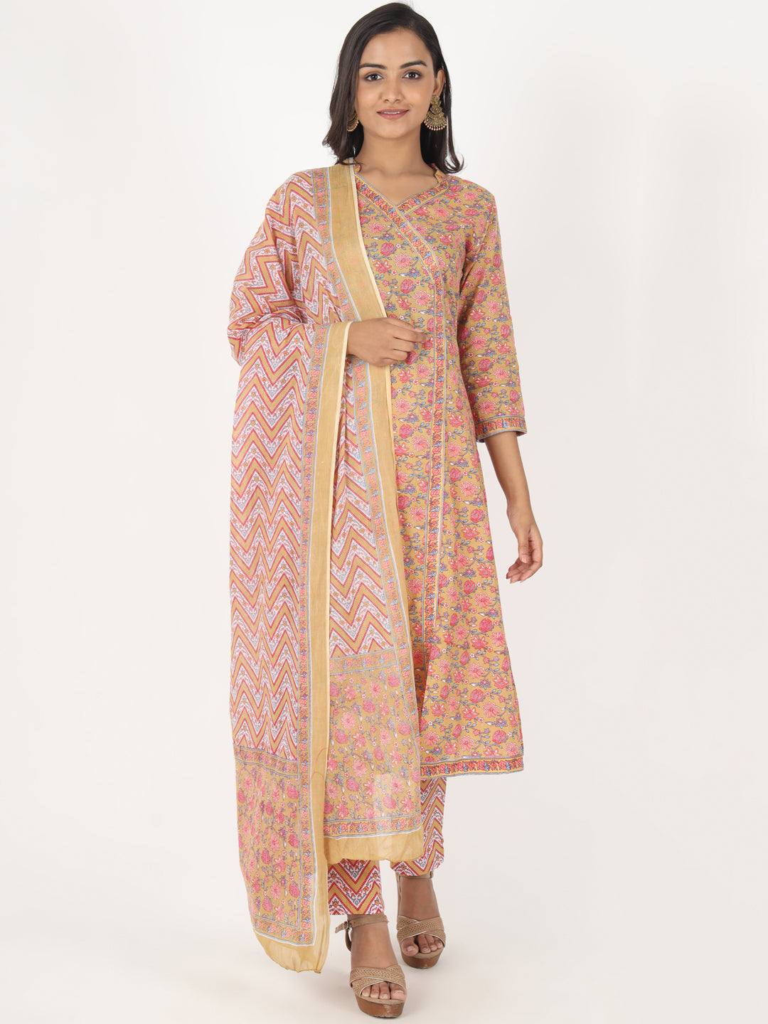 Women's Floral Print A-Line Cotton Brown Kurta Palazzo With Dupatta - Vbuyz