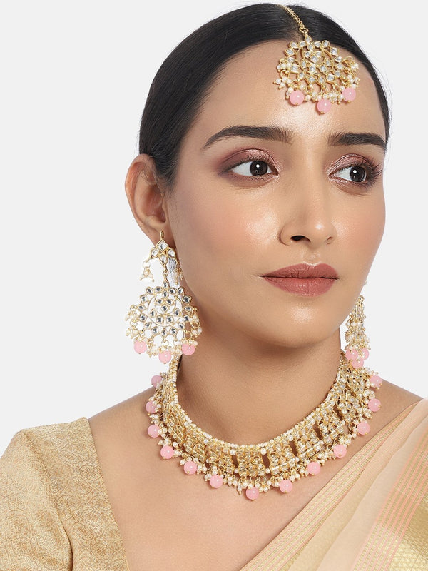 Women's Gold Plated Pink Kundan & Pearl Studded Choker Necklace Set with Earrings & Maang Tikka - i jewels