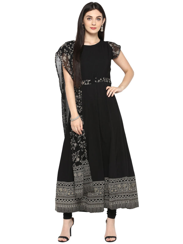 Black Printed Kurta with Attached Dupatta