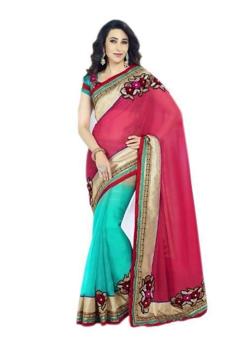 Women's Karishma Kapoor Peach & Cyan Designer Saree By Vamika - Vamika