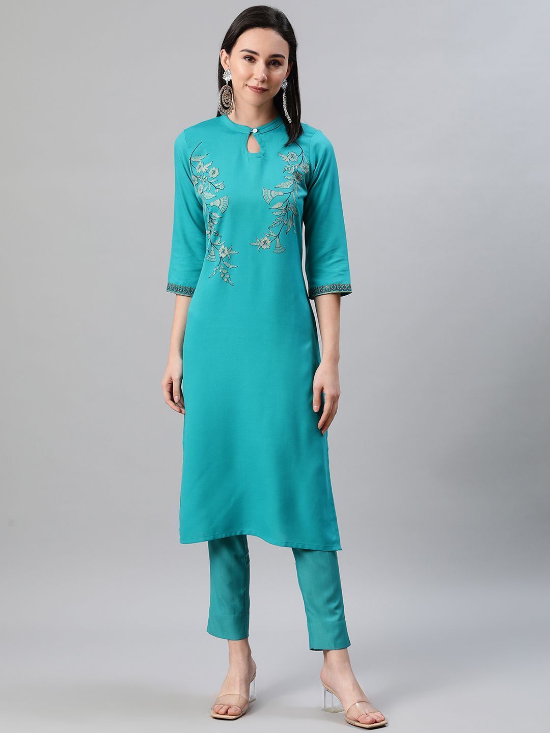 Women's Turquoise Blue Color Foil Print Straight Kurta And Pant Set - Ziyaa