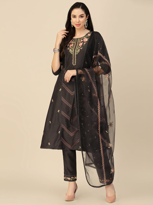 Women's Black Embroidered Chinon Straight Kurta With Trouser & Dupatta - Navyaa