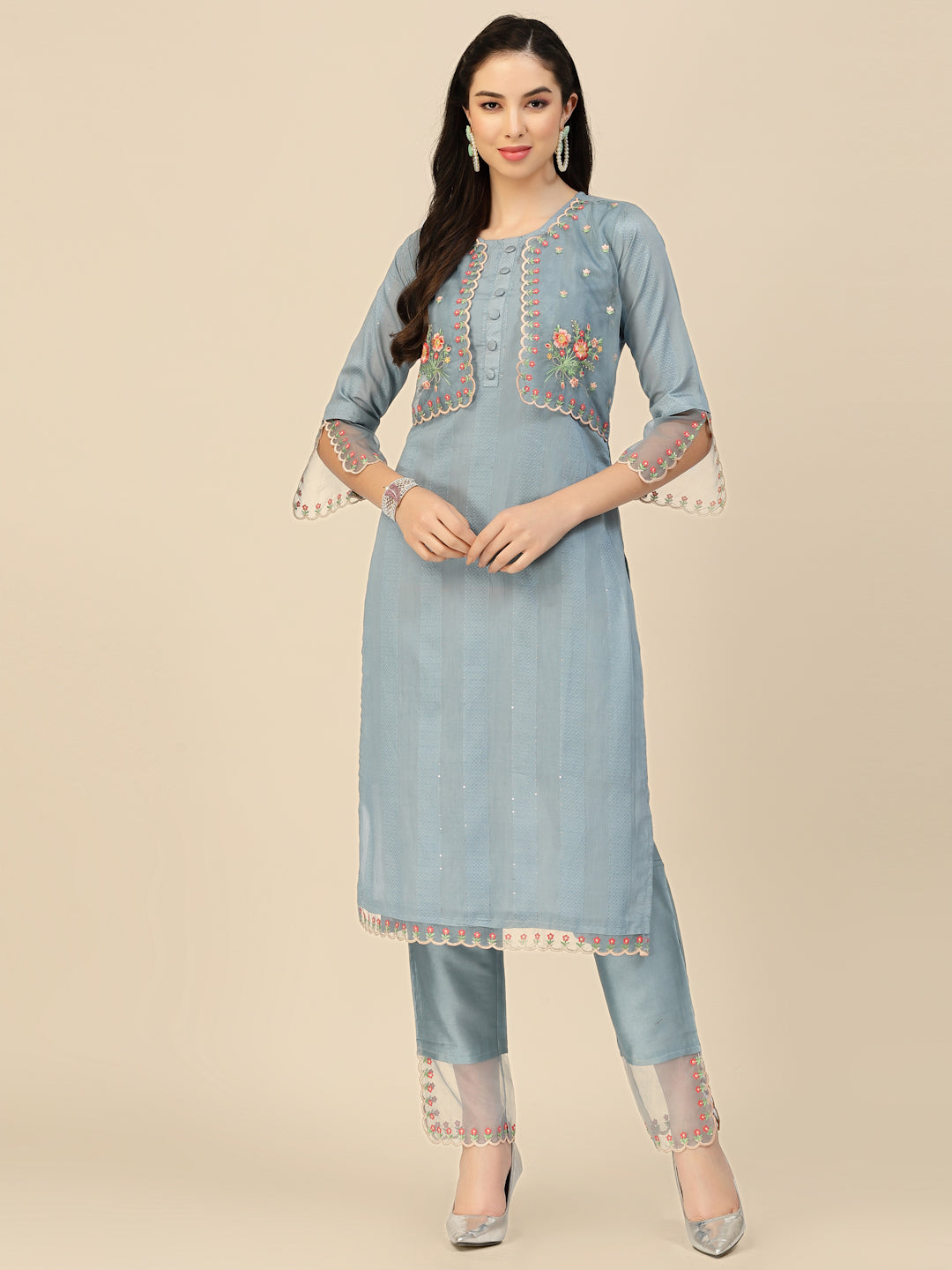 Women's Sky Blue Embroidered Chinon Straight Kurta With Trouser & Dupatta - Navyaa