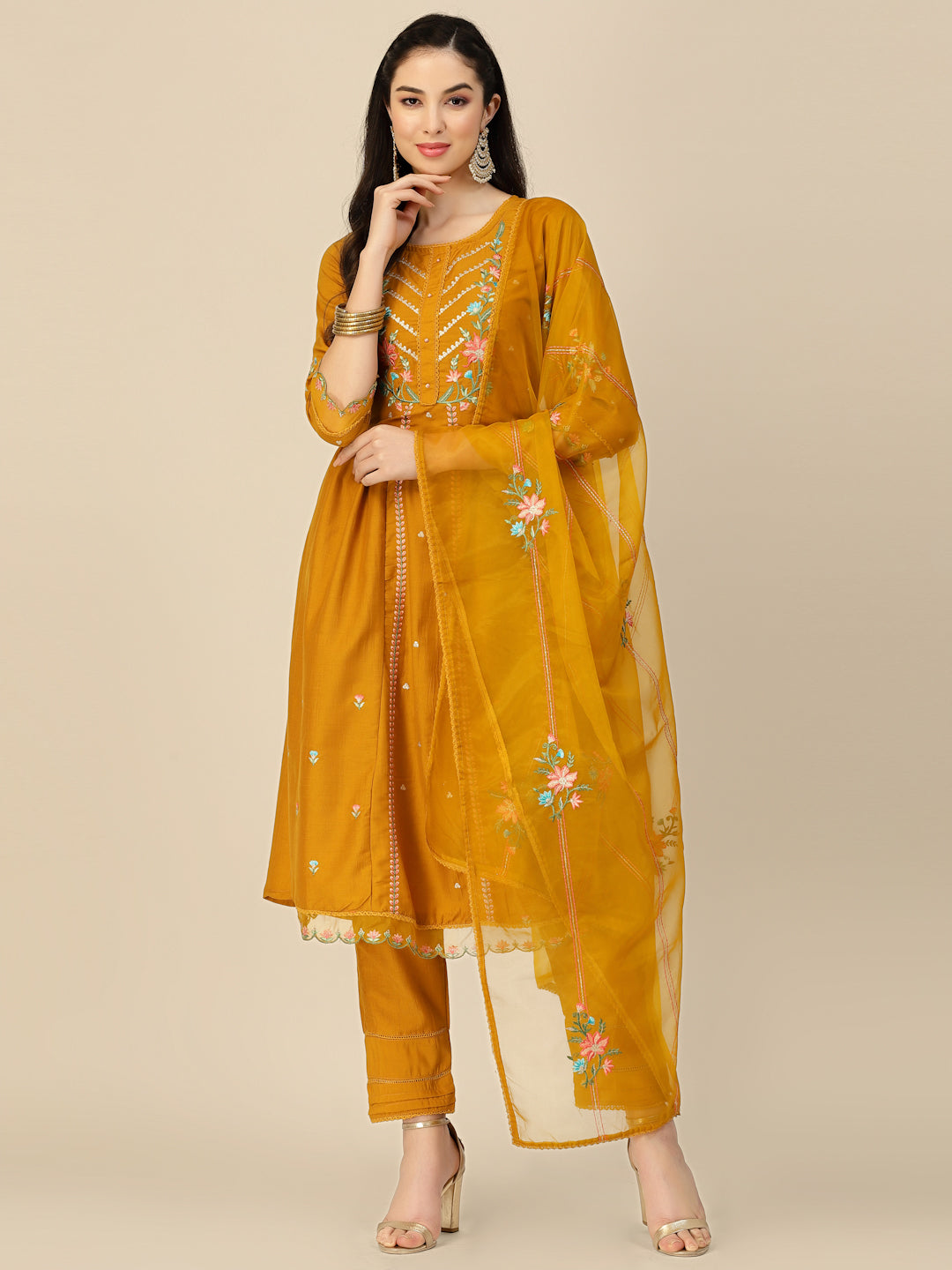 Women's Mustard Embroidered Chinon Straight Kurta With Trouser & Dupatta - Navyaa