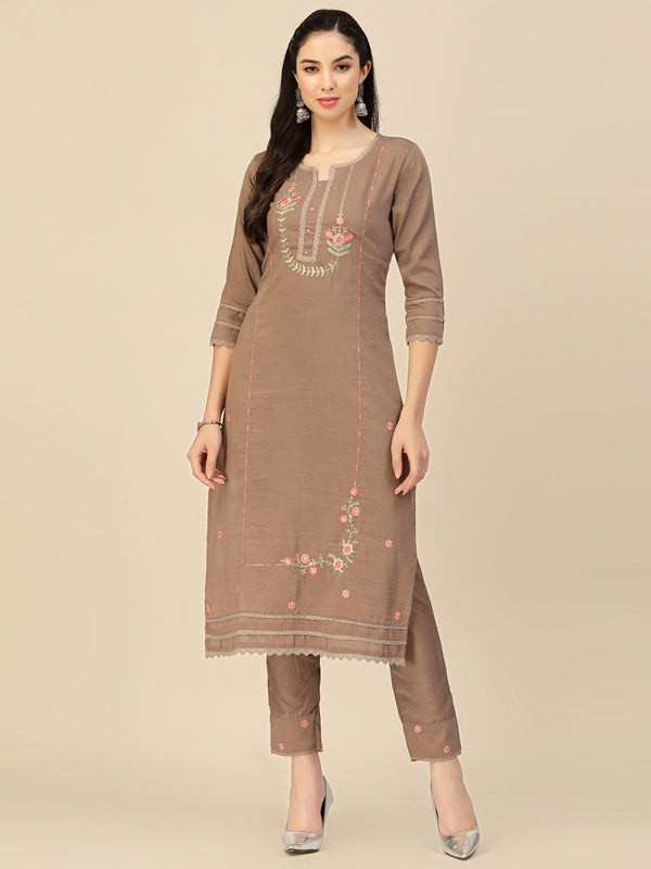 Women's Brown Embroidered Chinon Straight Kurta With Trouser & Dupatta - Navyaa