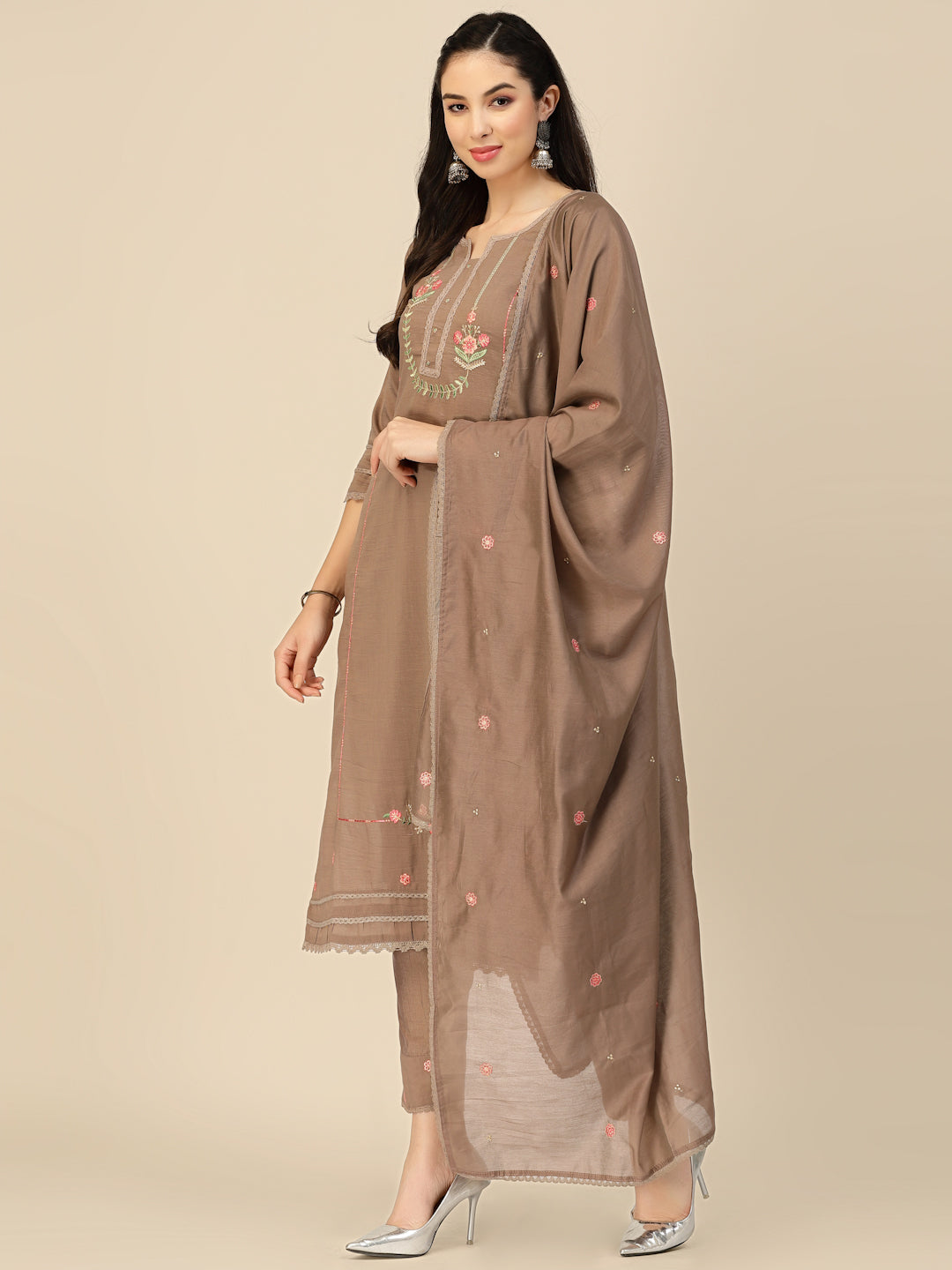 Women's Brown Embroidered Chinon Straight Kurta With Trouser & Dupatta - Navyaa