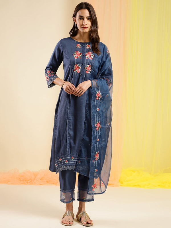 Women's Navy Blue Chinon Embroidered Straight Kurta With Trouser & Dupatta - Navyaa