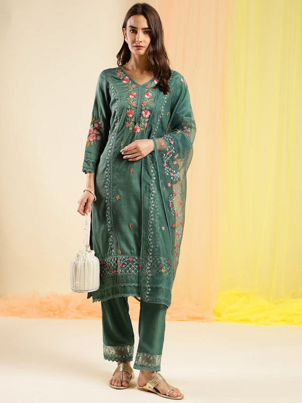 Women's Green Chinon Embroidered Straight Kurta With Trouser & Dupatta - Navyaa