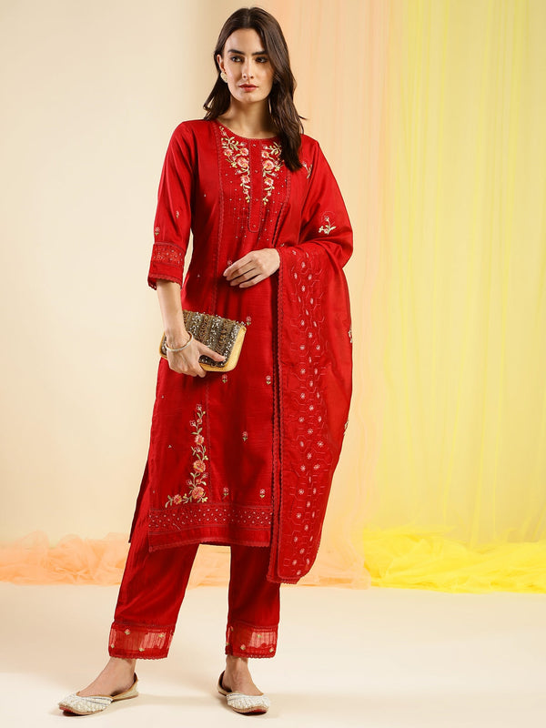 Women's Red Chinon Embroidered Straight Kurta With Trouser & Dupatta - Navyaa