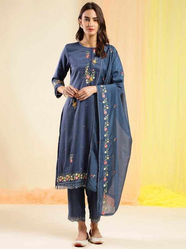 Women's Blue Chinon Embroidered Straight Kurta With Trouser & Dupatta - Navyaa