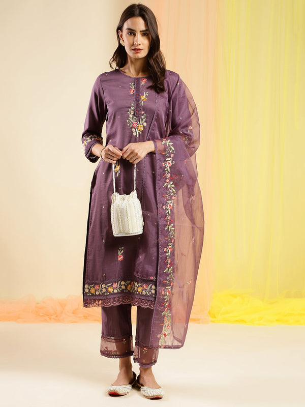 Women's Wine Chinon Embroidered Straight Kurta With Trouser & Dupatta - Navyaa