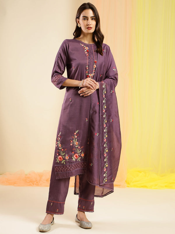 Women's Purple Chinon Embroidered Straight Kurta With Trouser & Dupatta - Navyaa