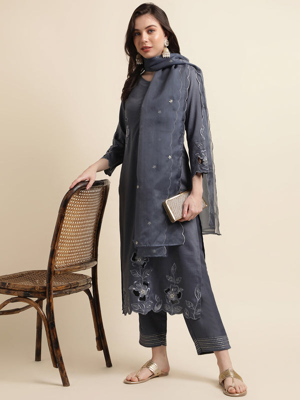 Women's Grey Chinon Silk Embroidered Straight Kurta With Trouser & Dupatta - Navyaa