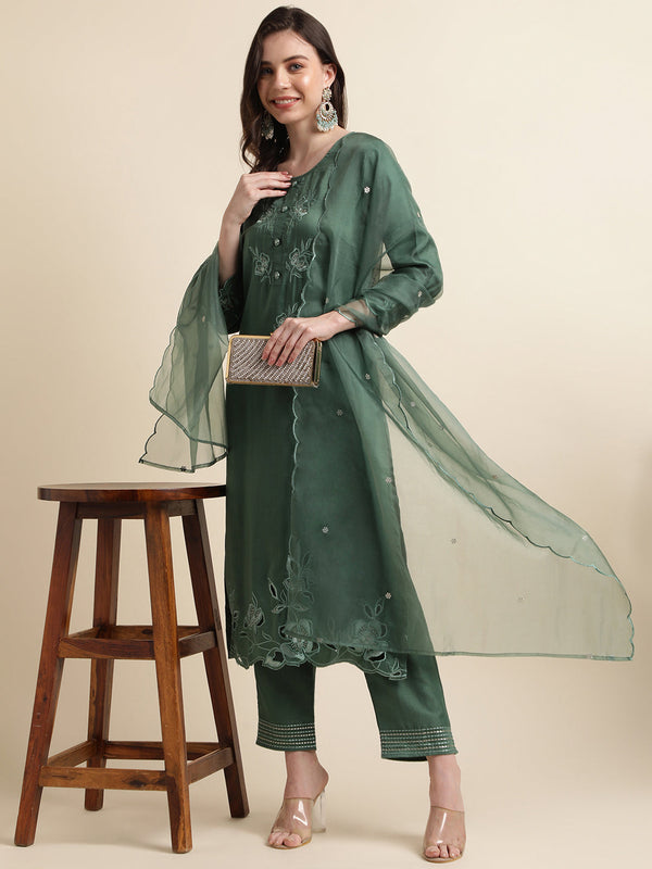 Women's Green Chinon Silk Embroidered Straight Kurta With Trouser & Dupatta - Navyaa