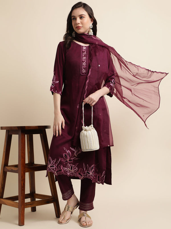 Women's Purple Chinon Silk Embroidered Straight Kurta With Trouser & Dupatta - Navyaa