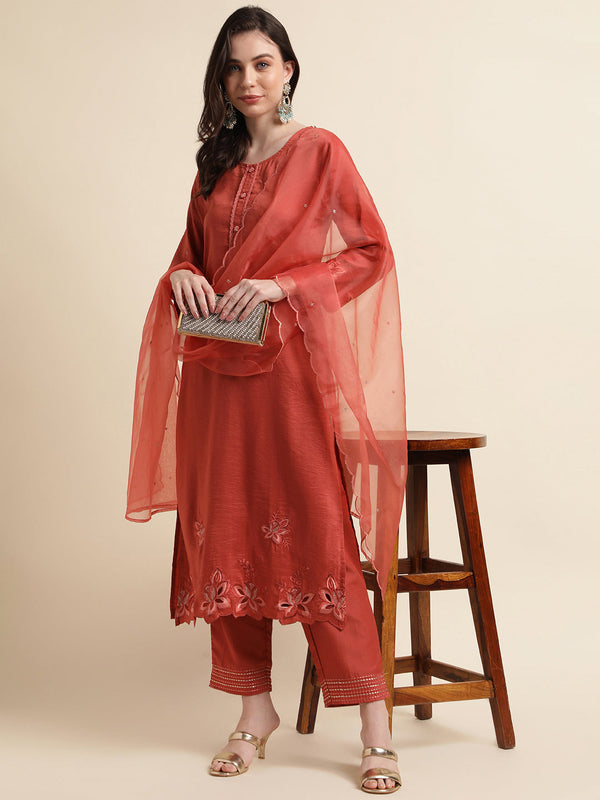 Women's Orange Chinon Silk Embroidered Straight Kurta With Trouser & Dupatta - Navyaa