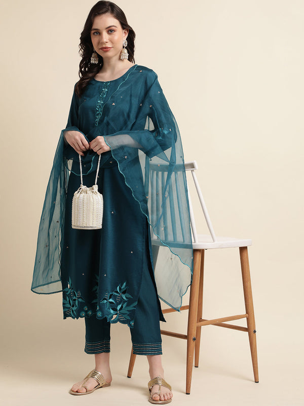 Women's Teal Chinon Silk Embroidered Straight Kurta With Trouser & Dupatta - Navyaa