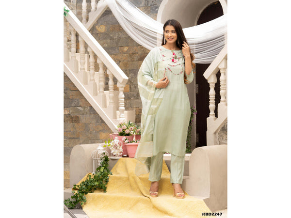 Women's Pista Roman Silk Plain Kurta With Pant & Dupatta - Navyaa