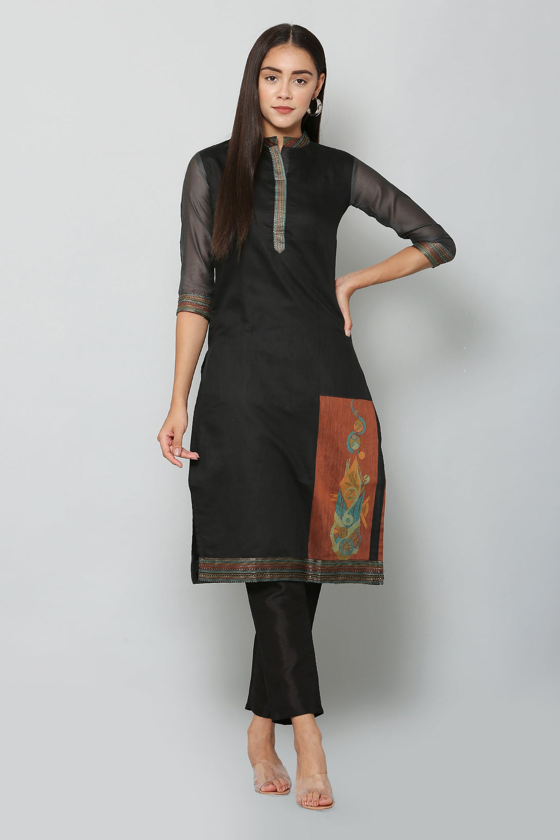 Women's Black Chanderi Jacquard Silk Straight Printed Kurta - Vaaba