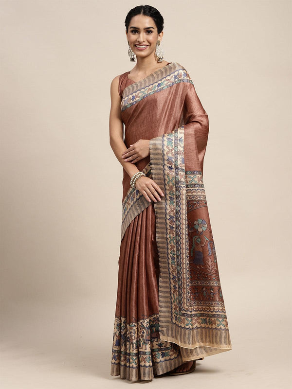 Women's Khadi Silk Brown Printed Saree With Blouse Piece - Odette