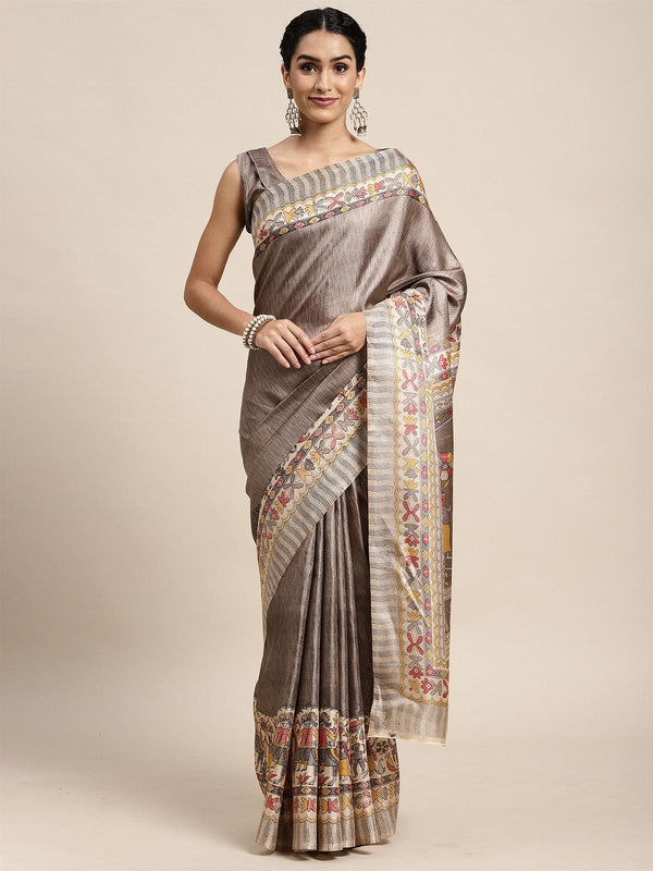 Women's Khadi Silk Grey Printed Saree With Blouse Piece - Odette