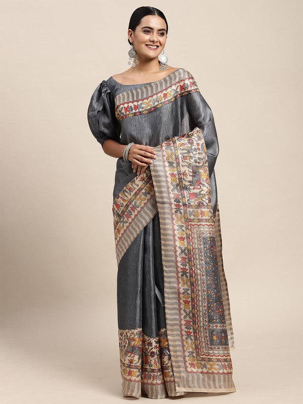 Women's Khadi Silk Grey Printed Saree With Blouse Piece - Odette