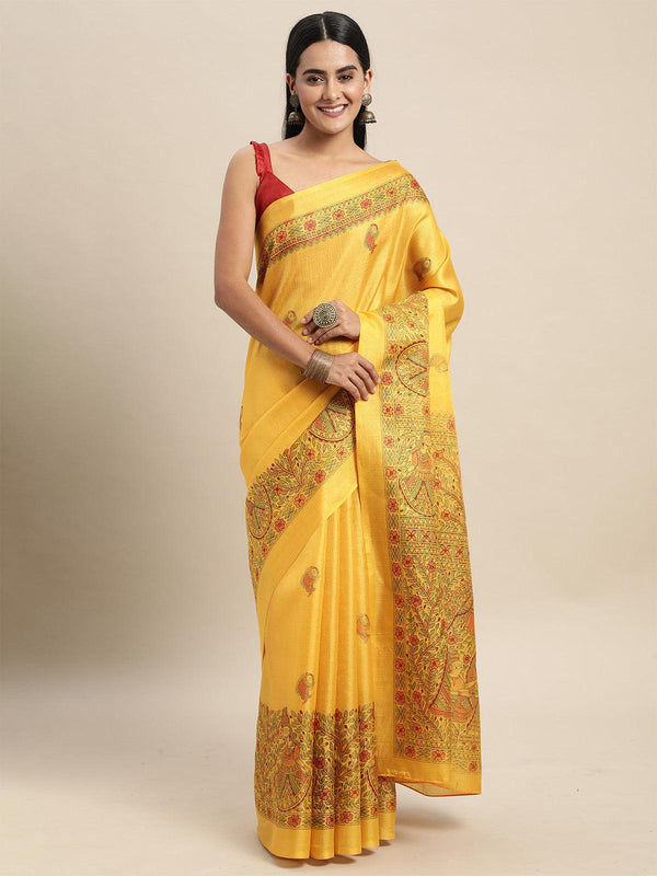 Women's Khadi Silk Mustard Printed Saree With Blouse Piece - Odette