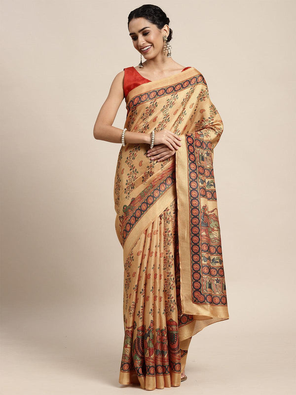 Women's Khadi Silk Mustard Printed Saree With Blouse Piece - Odette