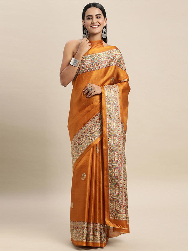 Women's Khadi Silk Mustard Printed Saree With Blouse Piece - Odette