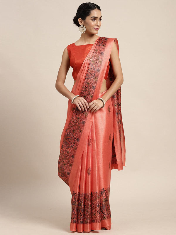 Women's Khadi Silk Peach Printed Saree With Blouse Piece - Odette