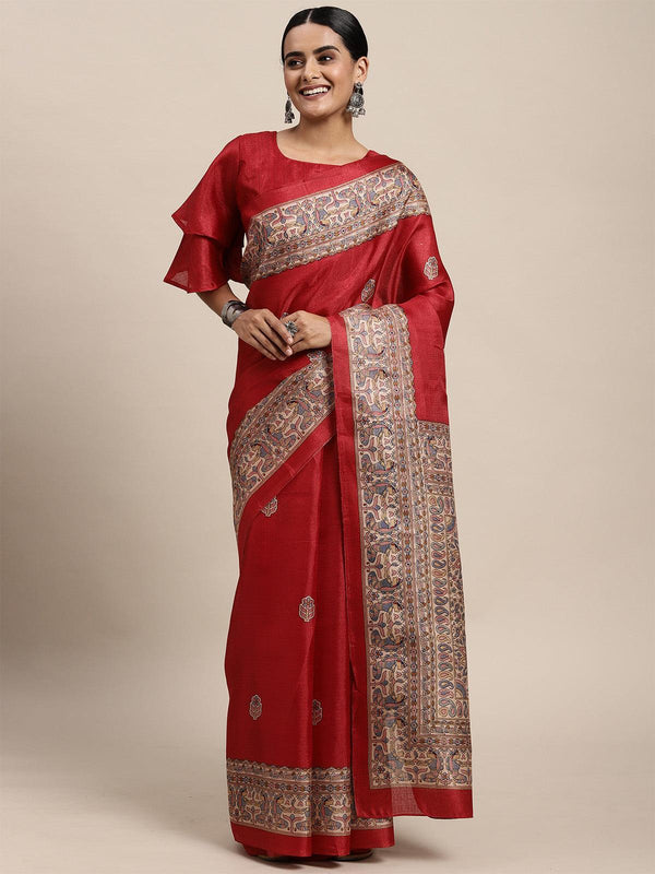 Women's Khadi Silk Red Printed Saree With Blouse Piece - Odette