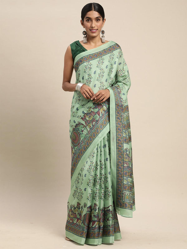 Women's Khadi Silk Sea Green Printed Saree With Blouse Piece - Odette