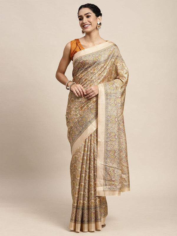 Women's Khadi Silk Yellow Printed Saree With Blouse Piece - Odette